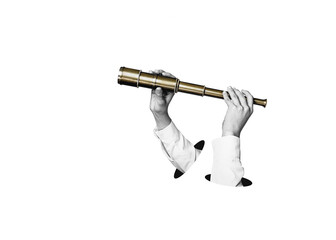 Naklejka na ściany i meble Flat design Illustration. Hands holds telescope or binoculars isolated on free png background. Searching for information on the internet concept.