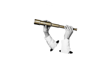 Flat design Illustration. Hands holds telescope or binoculars isolated on free png background. Searching for information on the internet concept.
