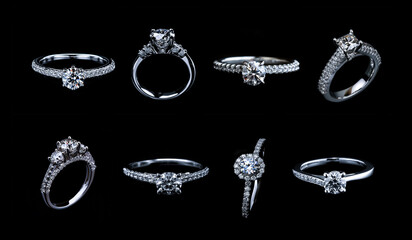 Collection set of many diamond engagement rings, precious luxury jewelry isolated on black background