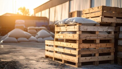 Wooden Pallets with Bags of Material in Warehouse at Sunset
