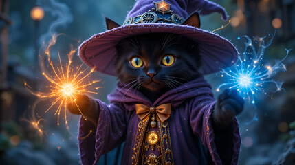 Adorable Black Cat Dressed as a Wizard, Casting Playful Spells with Glowing Magical Lights Swirling Around Him, A Magical and Adorable Image