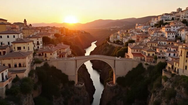 Aerial View of Ronda, Spain Featuring Puente Nuevo at Sunset
