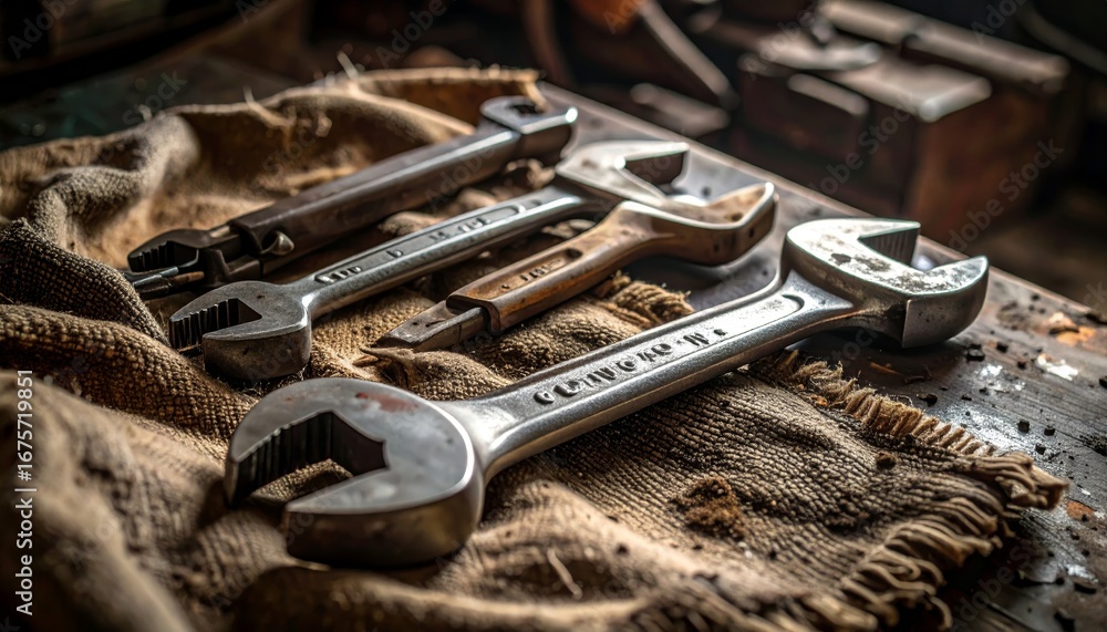 Poster vintage wrenches displayed on rustic workbench with cloth background