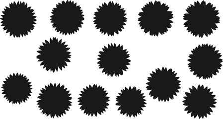 Black jagged circular shapes, abstract gear flower icons, symmetrical silhouette pattern, decorative mandala design, industrial cogwheel art, minimal vector illustration