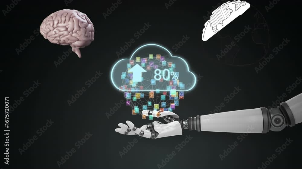 Poster animation of robotic hand holding globe of connections over digital brain and globe