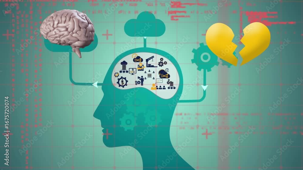 Poster animation of digital brain and heart over head with icons and data processing