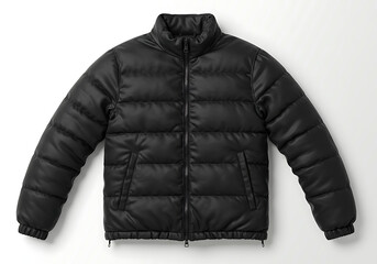Black puffer jacket lies flat on a light surface, showcasing its sleek design and warmth, creating a sense of modern style and comfort.