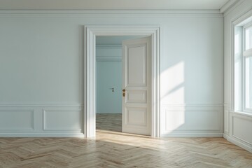Sunlit Empty Room with Herringbone Floor, White Door Ajar, and Pale Walls