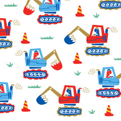 dinosaur driving contration cars cartoon vector seamless pattern design for kids apparel