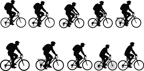 Silhouette, cyclist, riding, bicycle, variations, posture, motion, sport, transportation, fitness, commuter, backpack, cap, design, wheel, frame, activity, exercise, urban, lifestyle