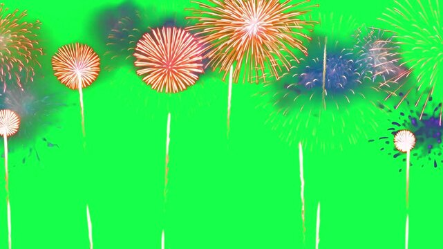 Vibrant fireworks illuminate night sky animated overlay, transparent 4K video