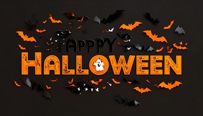 “Happy Halloween” text with bats, jack-o'-lantern letter, and spider web on dark gray background.
