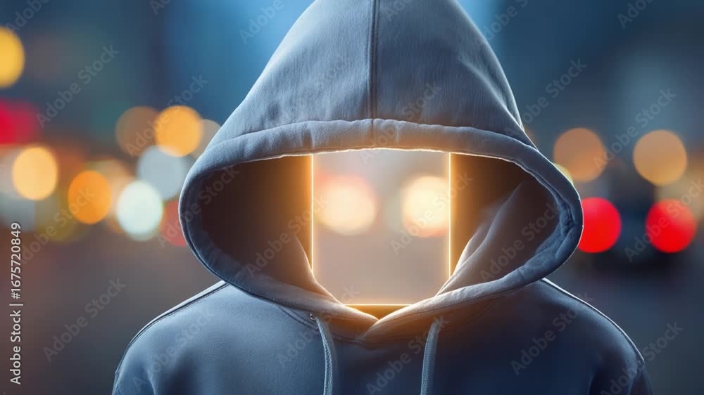 Poster digital anonymity concept : a cloaked figure's face glows with a digital interface, capturing the es