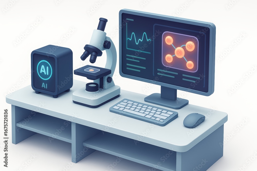 Poster modern laboratory setup with microscope, computer and ai technology for science research