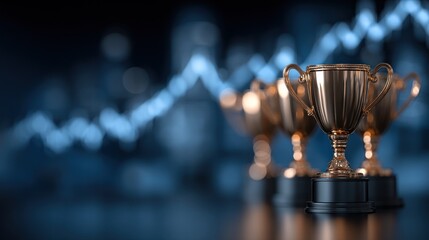 Three golden trophies stand in front of a blurred background of rising graphs, highlighting achievement and success.