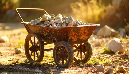 Rusty Wheelbarrow Filled with Rocks in a Sunlit Outdoor Setting