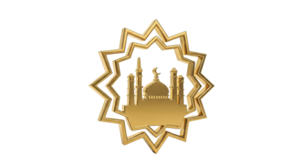 A golden Islamic starburst emblem featuring a silhouette of a mosque with minarets and a dome, set against a white background.