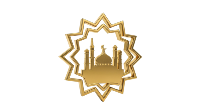 A golden Islamic starburst emblem featuring a silhouette of a mosque with minarets and a dome, set against a white background. - Powered by Adobe