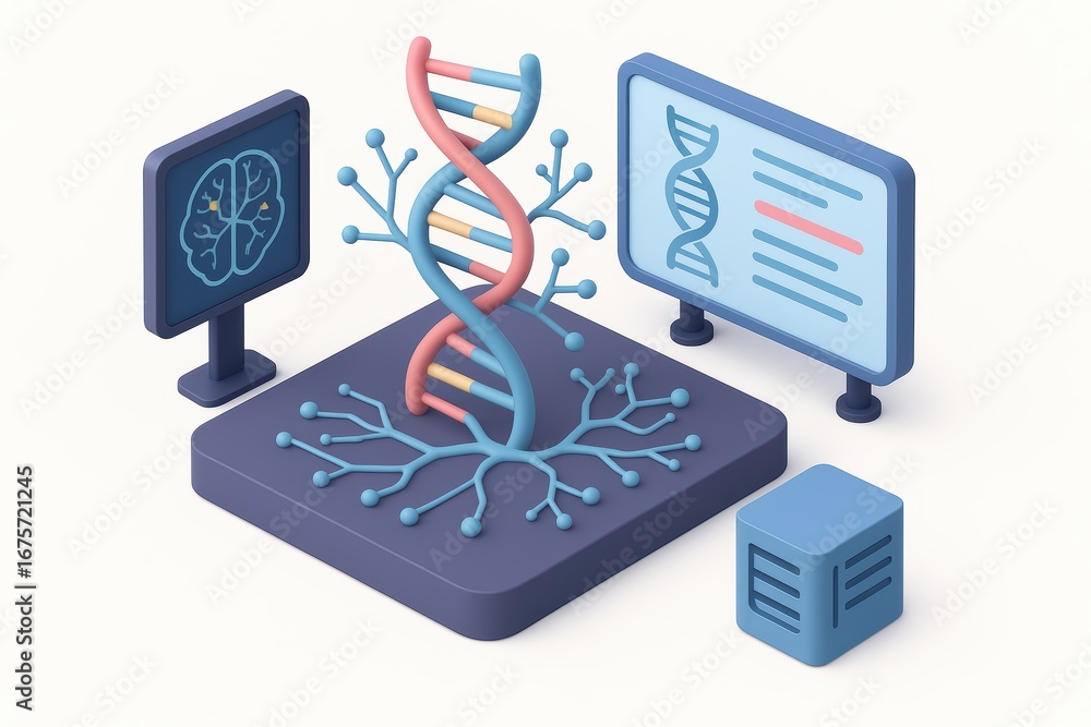 Poster 3d illustration of dna structure with neural network and brain science concepts