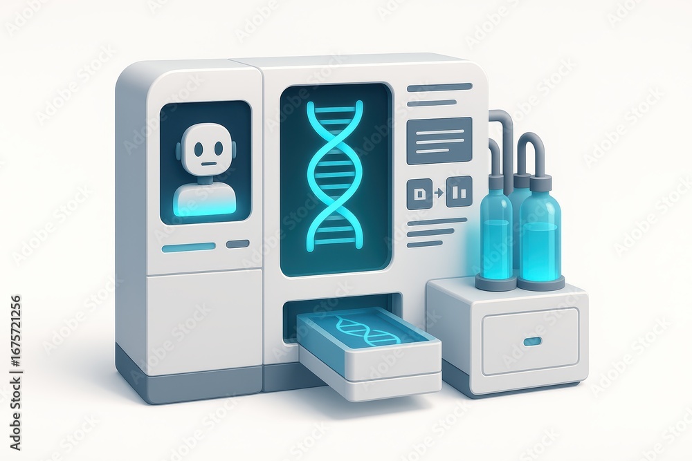 Poster futuristic genetic testing machine with ai feature and high-tech blue elements