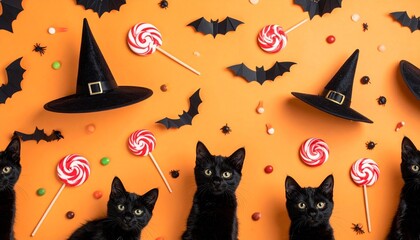Halloween flatlay with black cats, witch hats, bats, lollipops, and candies on orange background.