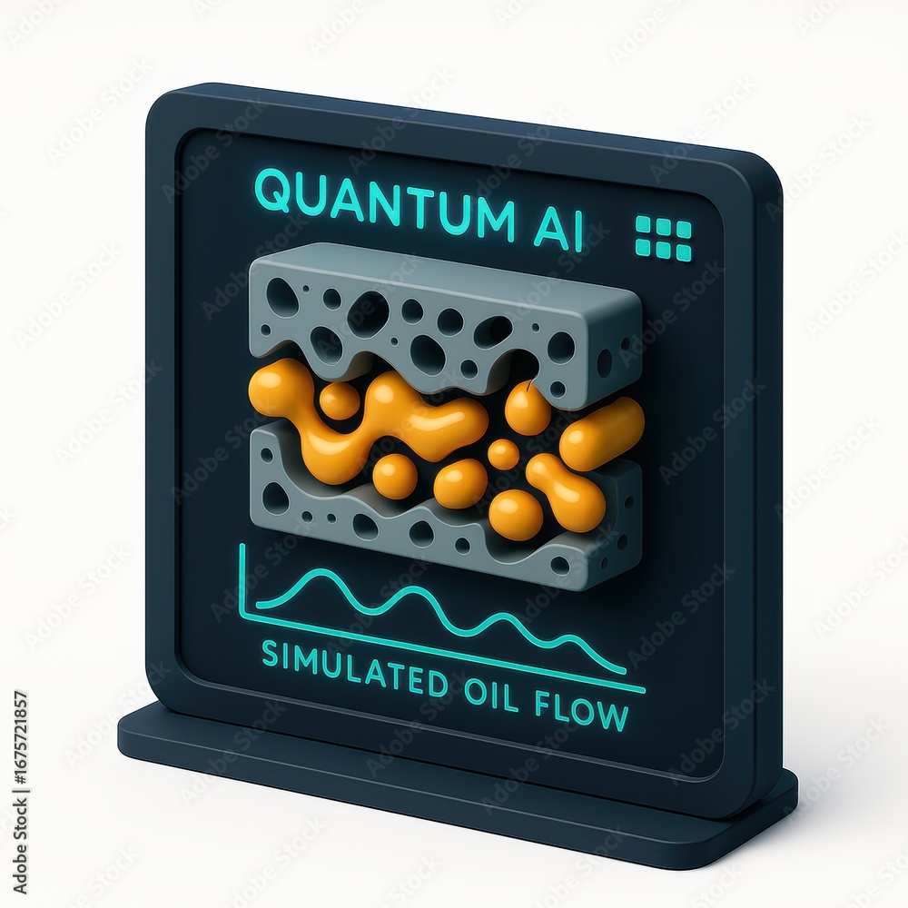 Poster quantum ai model displaying simulated oil flow dynamics in abstract 3d visualization