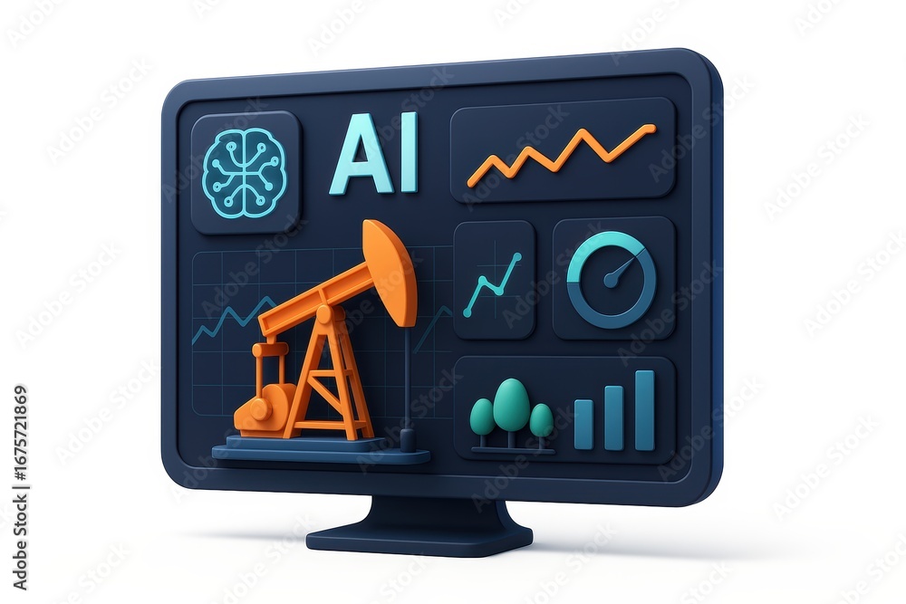 Poster ai technology in oil industry with data visualization on computer screen