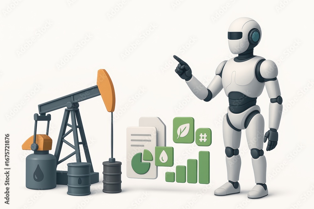 Aufkleber a futuristic robot discusses oil extraction and environmental data analysis concepts