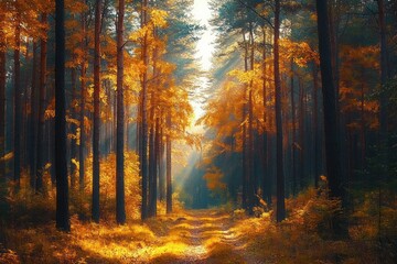 Sunlight filtering through tall trees in a vibrant autumn forest with golden leaves covering the ground along a peaceful path