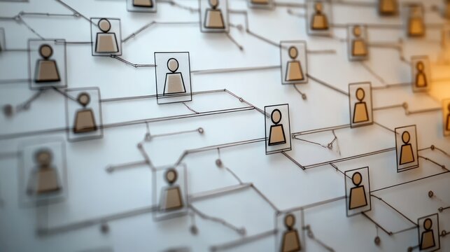 Abstract network of connected user icons representing social or organizational connections with a warm light highlighting part of the web - Powered by Adobe