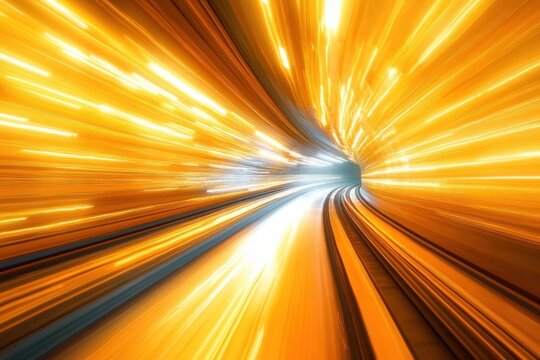 Blurred bright golden lights and rails inside a tunnel creating a sense of high speed and motion - Powered by Adobe