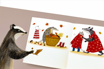 Autumn background with cute badger storybook, greeting card, banner