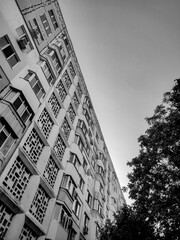 Monochrome low-angle view of a tall apartment building with a facade of decorative, geometric panels, with a tree on the right