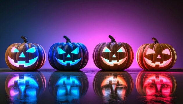 Neon-lit jack-o'-lanterns glowing in vibrant colors on reflective surface, eerie Halloween vibe.
