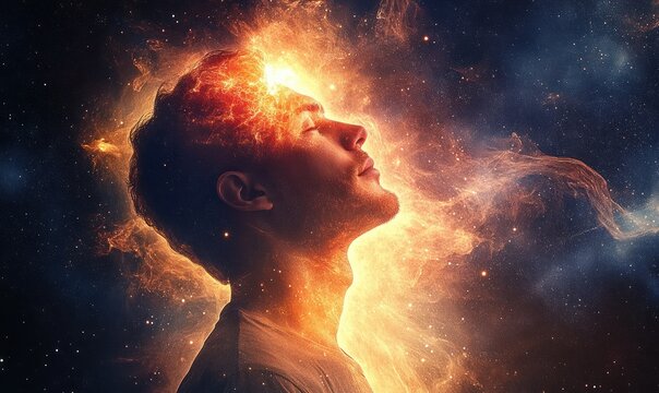 Profile of a man with eyes closed surrounded by glowing fiery and cosmic energy, expressing deep contemplation and inner enlightenment