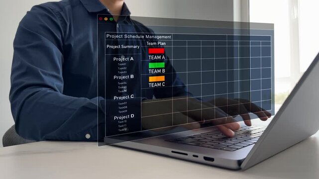 Project manager planning and updating tasks and milestones on laptop, tracking progress with a Gantt chart scheduling company interface.Business schedule project management system.