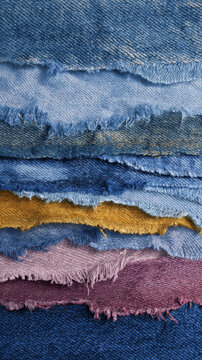 Ripped denim fabric layers in various colors create textured pattern
