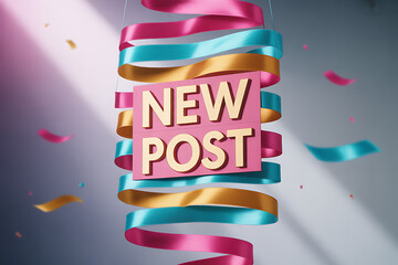 Celebrate your latest announcement with vibrant ribbons and festive confetti, announcing 'New Post' in a dynamic, eye-catching display designed to grab attention and generate excitement