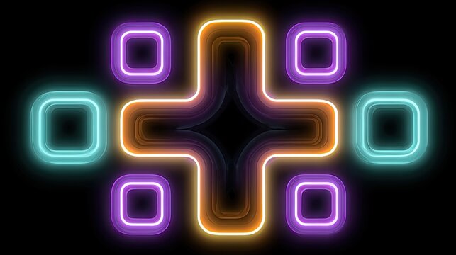 Neon cross, outlined by squares in multiple colors