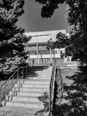 Monochrome view of a wide staircase ascending to the "Mihai Grecu" Arts School, framed by large trees under a bright sky