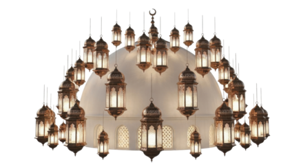 A stylized architectural rendering featuring numerous hanging lanterns, arranged around a dome-shaped structure with crescent moon.