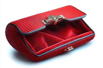 empty small red textured wallet partially open showing smooth satin-like interior and silver clasp on white background