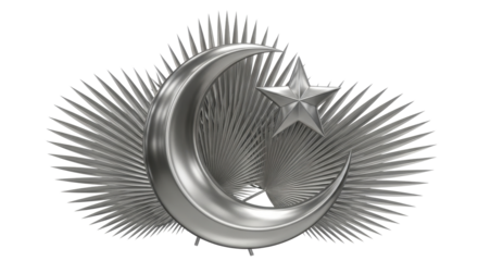 A stylized metallic emblem featuring a crescent moon and a five-pointed star, with radiating lines.