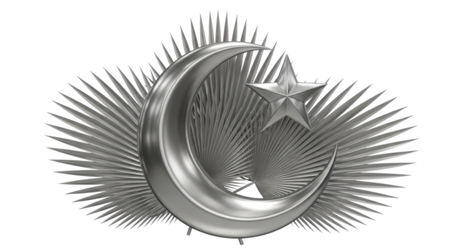 A stylized metallic emblem featuring a crescent moon and a five-pointed star, with radiating lines.