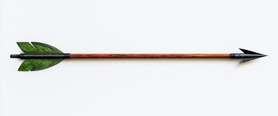 Traditional wooden arrow with green feather fletching and sharp metal arrowhead on white background