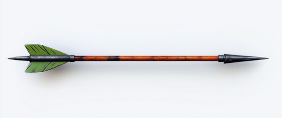 single traditional arrow with a wooden shaft, green fletching, and a pointed metal arrowhead against a plain white background