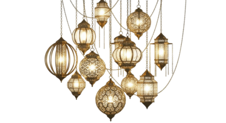 Intricate, ornate, golden pendant lamps hanging against a white background, casting a warm glow.