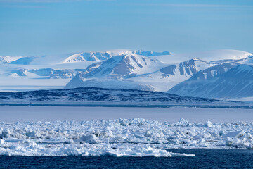 Snow covered peaks of Svalbard rise above a frozen sea with drifting ice floes, showcasing the raw contrasts and beauty of the Arctic. © Ondrej