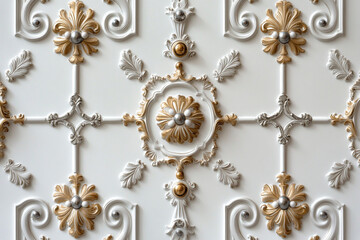 Elegant damask pattern featuring intricate gold and silver accents on an ornate wall design in a luxurious setting