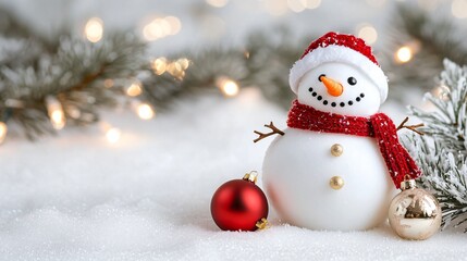Cheerful snowman decorated with red scarf, carrot nose, and Christmas ornaments surrounded by glowing holiday lights in snowy festive yard